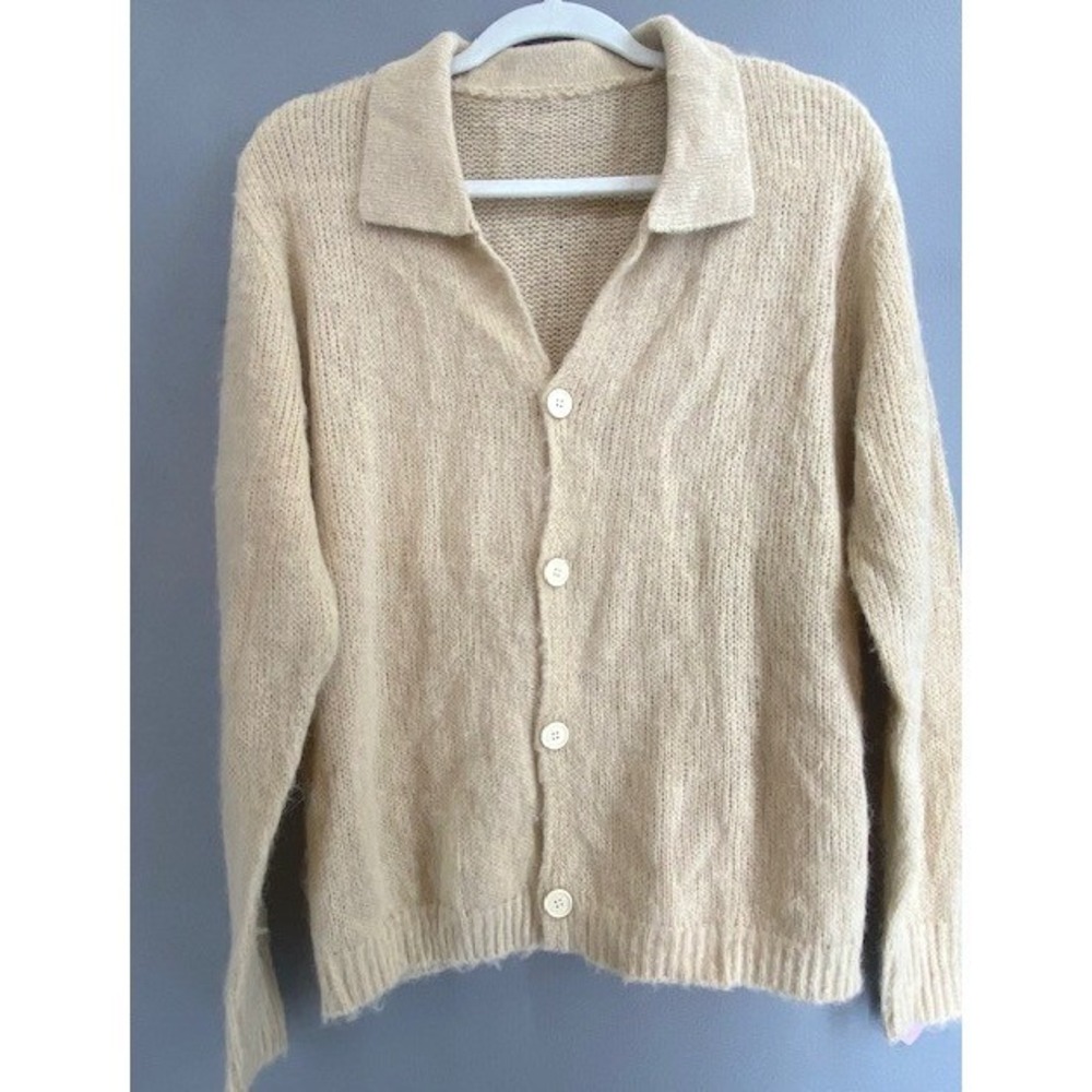 MANLY Men Size M Tan Soft Knit Button Cardigan Polo Collar Cotton‎ Linen Blend